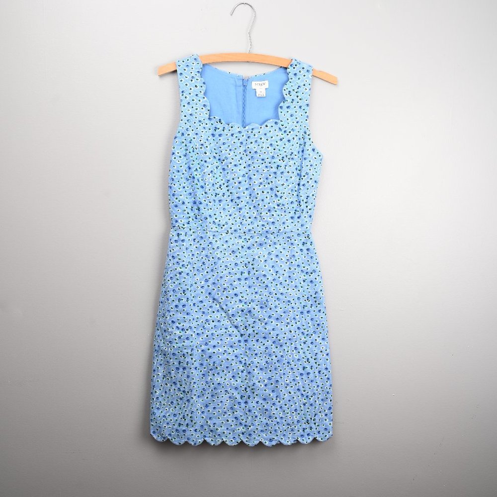 J Crew Blue Floral Scalloped Square Neck Shift Dress - Sz 00 - 100% Cotton